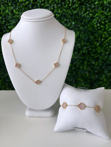 14kt Rose Quartz Clover Station Necklace and Bracelet Set