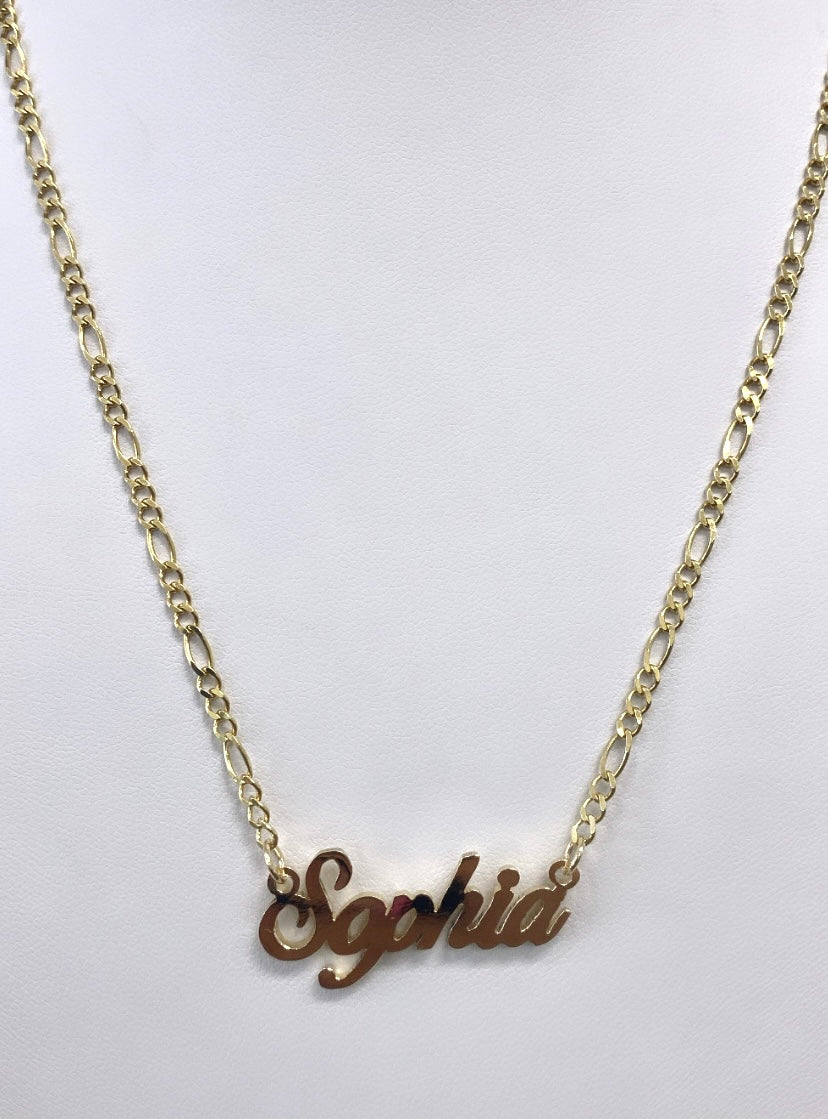 Custom 14kt Gold Thick Nameplate with Figaro Chain