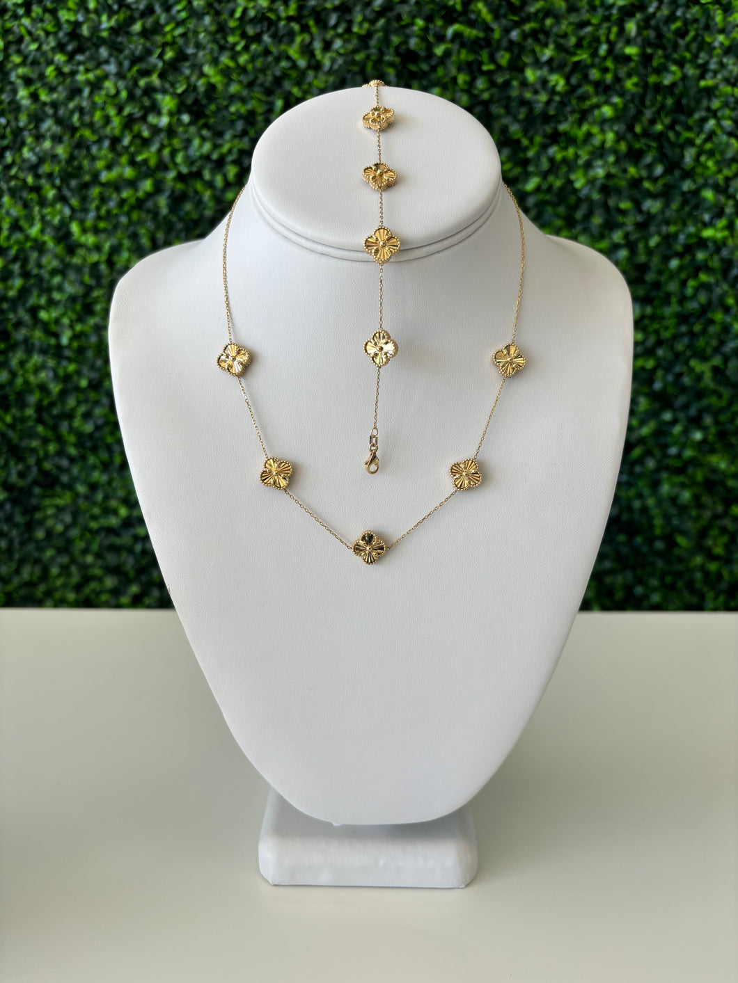 14kt Gold Clover Necklace + Bracelet Set