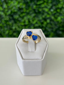 14kt Gold Sapphire Blue CZ Hearts "Class of 2024" Graduation Ladies Ring