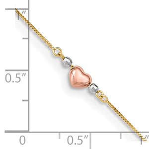 14k Tri-Color Puffed Heart 10in Plus 1in ext Anklet