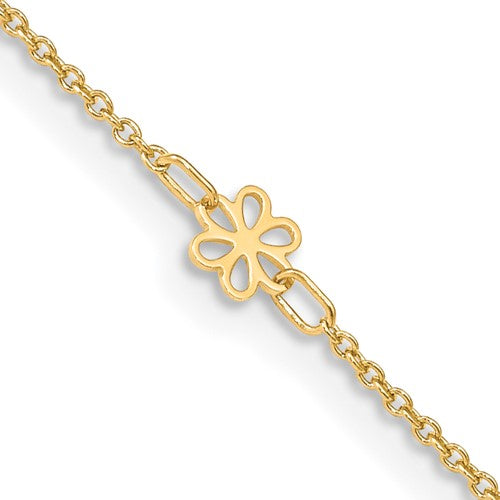 14K Polished Flowers 10in Plus 1in ext. Anklet