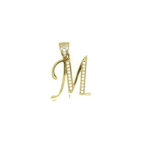 14k Gold "M" Initial Pendant with Cubic Zirconias