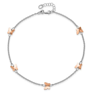 14k White and Rose Gold Polished Butterfly with 1in ext. Anklet