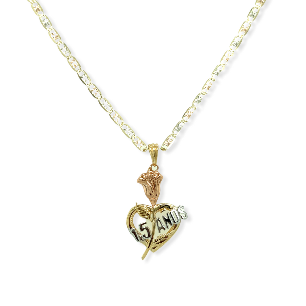 14k Gold 15 Años Tri-Color Rose Heart Chain