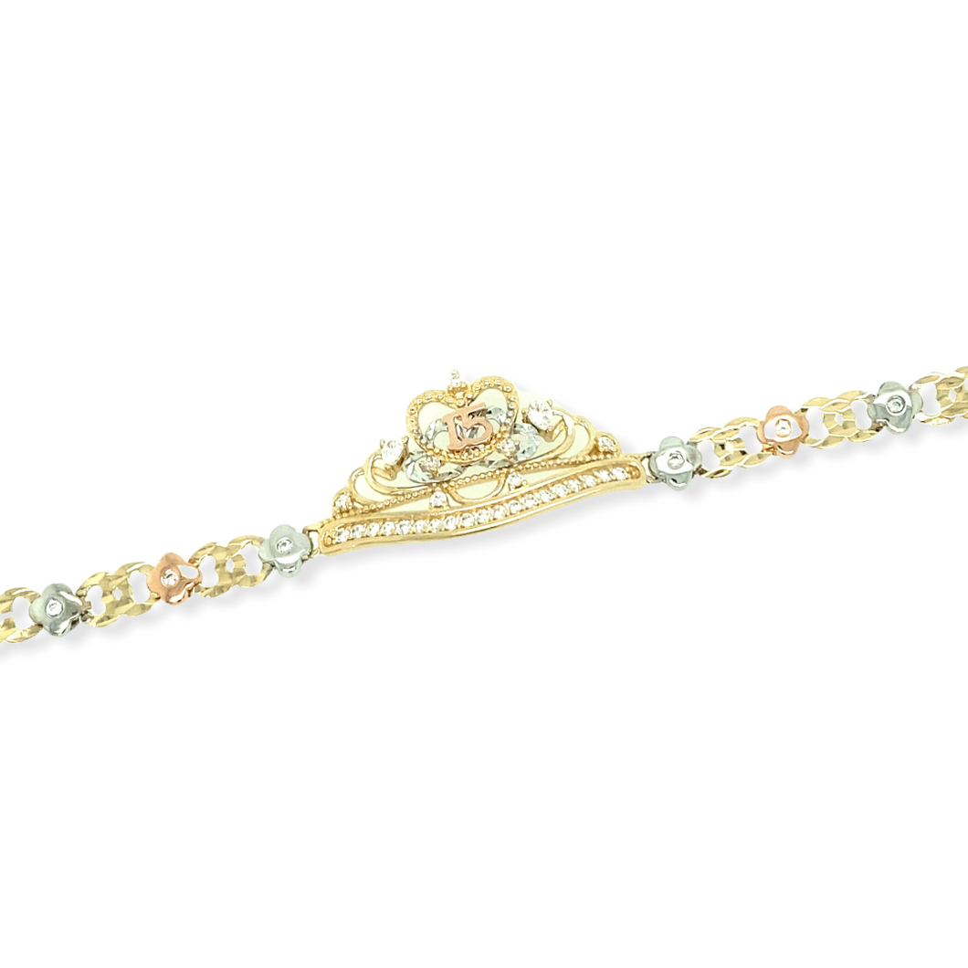 14k Gold Tri-Color 15 Años Crown Bracelet