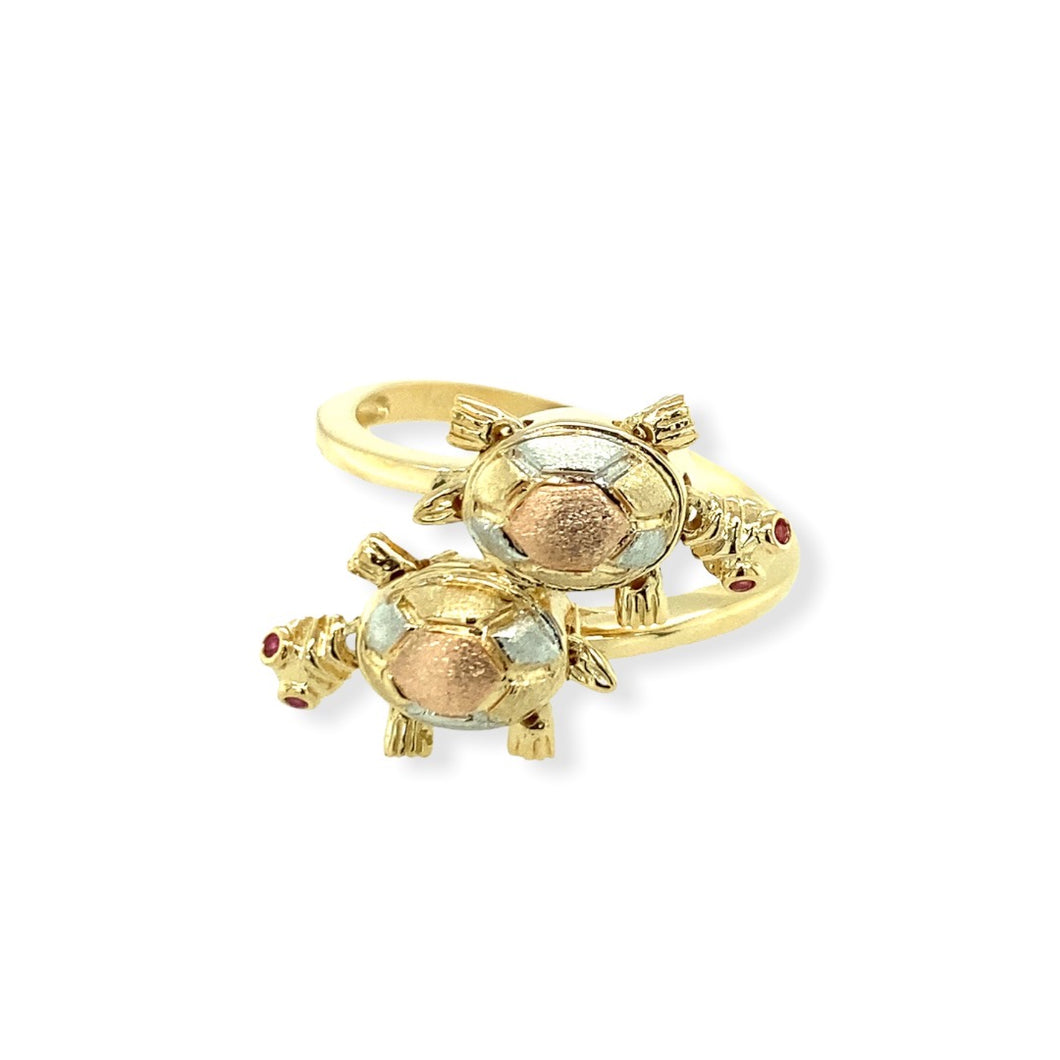 14k Gold Tri-Color Double Turtle Ring