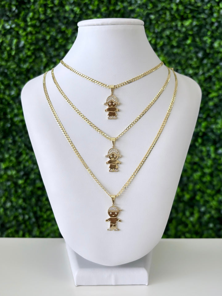 14kt Gold Girl/Boy Pendant with 14kt Gold Cuban Chain