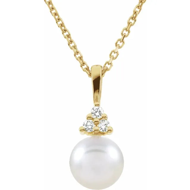 14K Yellow Gold Cultured White Akoya Pearl & .05 CTW Natural Diamond Necklace