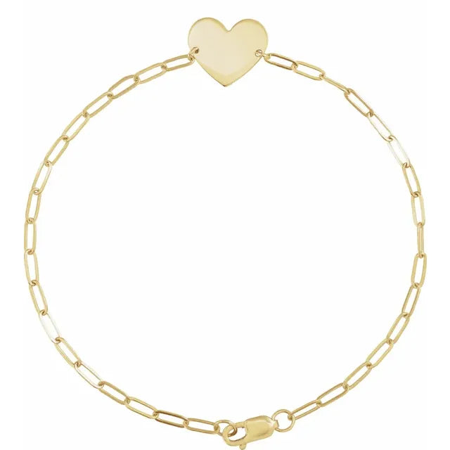 14K Yellow Gold Engravable Heart 7" Bracelet