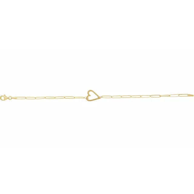 14K Yellow Gold Heart & Paperclip-Style Chain 7" Bracelet