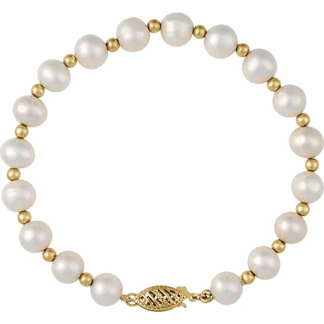 14K Yellow Gold Cultured White Freshwater Pearl 7 1/4" Bracelet