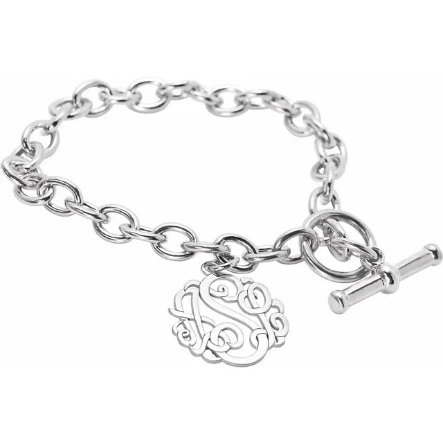 Custom Sterling Silver 20 mm 3-Letter Script Monogram Charm 7 1/4" Bracelet