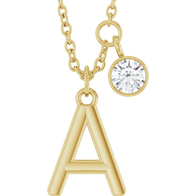14K Yellow Gold Initial 1/10 CT Lab-Grown Diamond 16-18" Necklace
