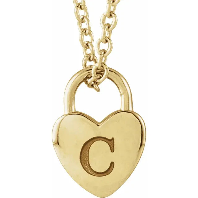 14K Yellow Gold Engravable Heart Lock 16-18" Necklace