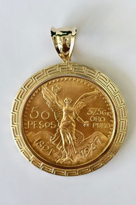 22kt Original 50 Pesos Mexico Centenario with 14kt Gold Greek Bezel