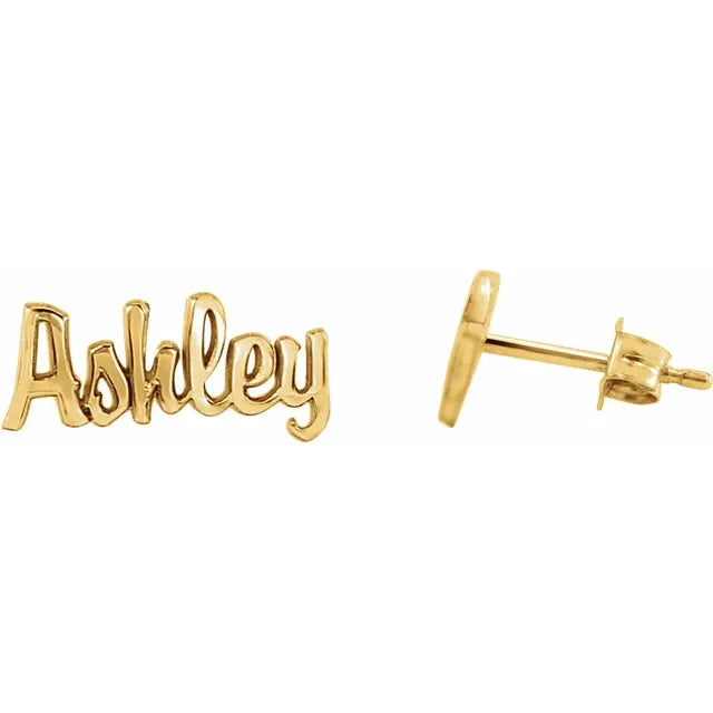 14kt Yellow Script Custom Nameplate Earrings