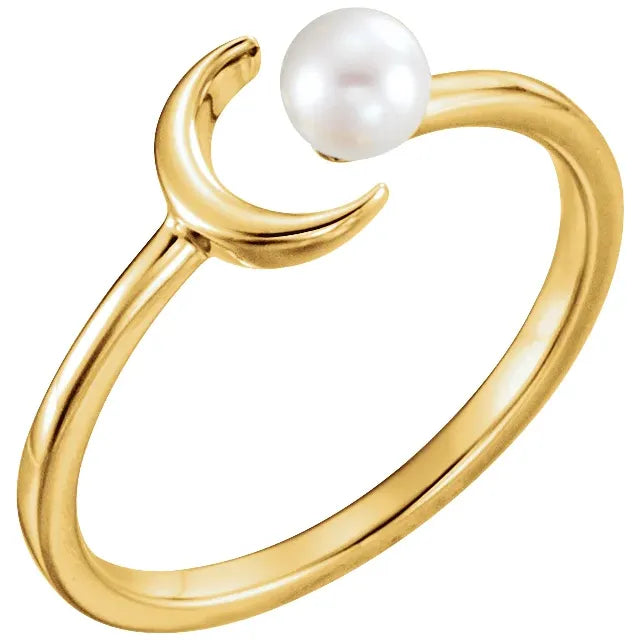 14K Yellow Gold Cultured White Freshwater Pearl Crescent Moon Ring