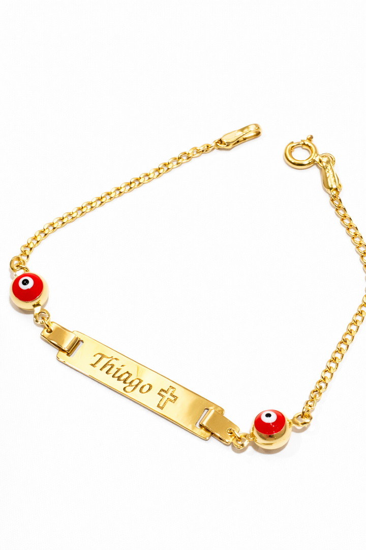 14KY Baby ID Bracelet Evil Eye with Custom Name Engraving