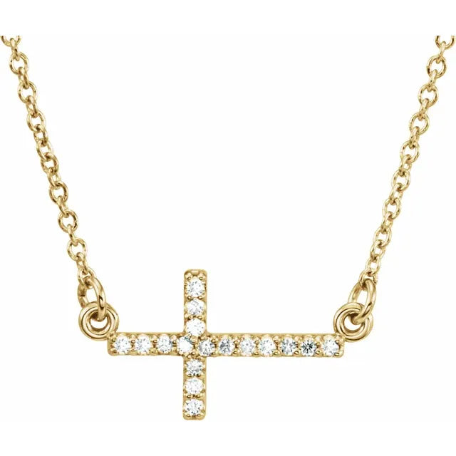 14K Yellow Gold .07 CTW Natural Diamond Sideways Cross 16-18" Necklace