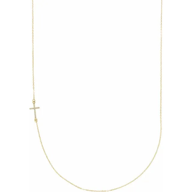14K Yellow Gold .04 CTW Natural Diamond Off-Center Sideways Cross 16" Necklace