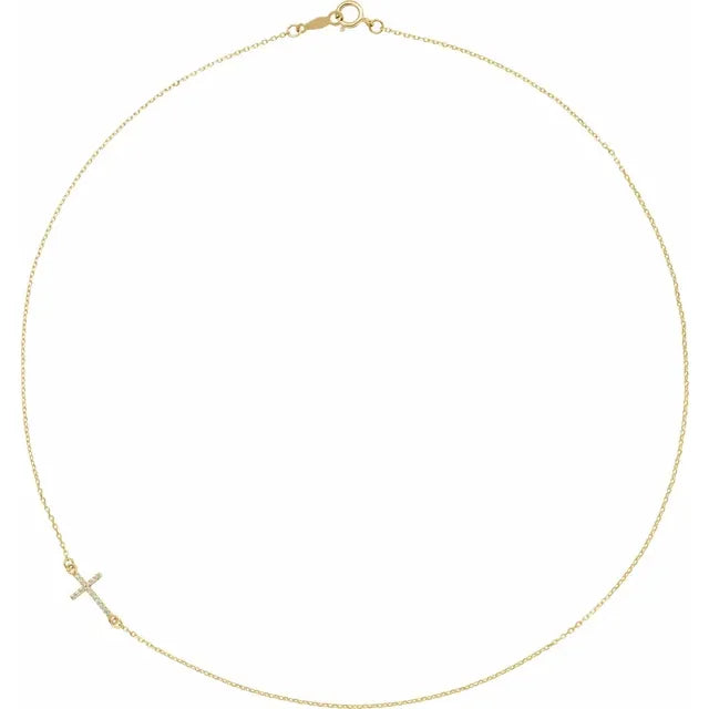 14K Yellow Gold .04 CTW Natural Diamond Off-Center Sideways Cross 16" Necklace
