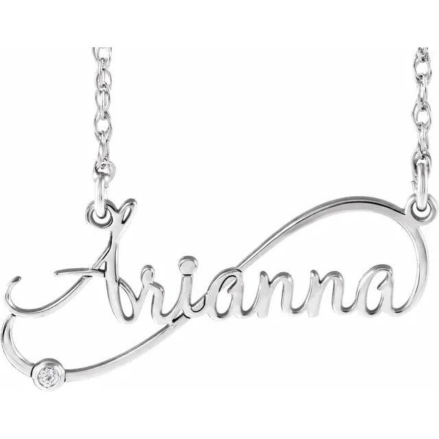 Sterling Silver (.925) .015 CT Natural Diamond Infinity-Inspired Script Single Name 18" Necklace