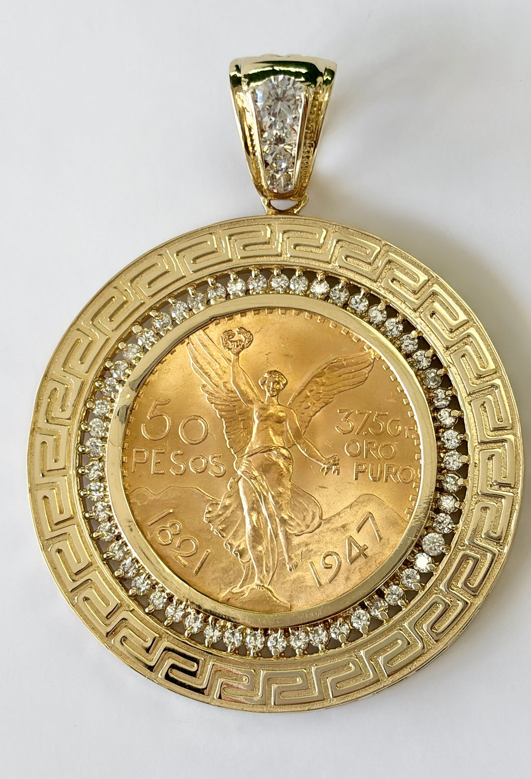 22kt Original 50 Pesos Mexico Centenario with 14kt Gold Greek Design Bezel