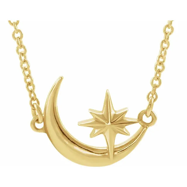 14K Yellow Gold Crescent Moon & Star 16-18" Necklace