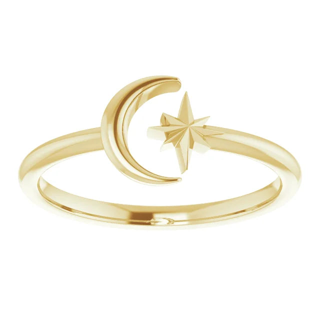 14K Yellow Gold Crescent Moon & Star Negative Space Ring