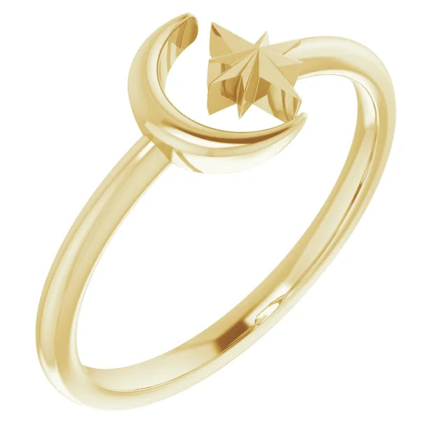 14K Yellow Gold Crescent Moon & Star Negative Space Ring