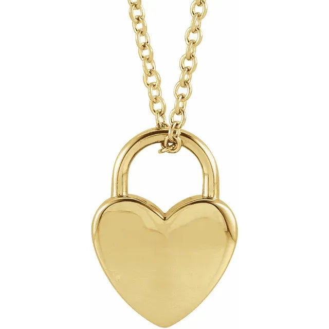 14K Yellow Gold Engravable Heart Lock 16-18" Necklace