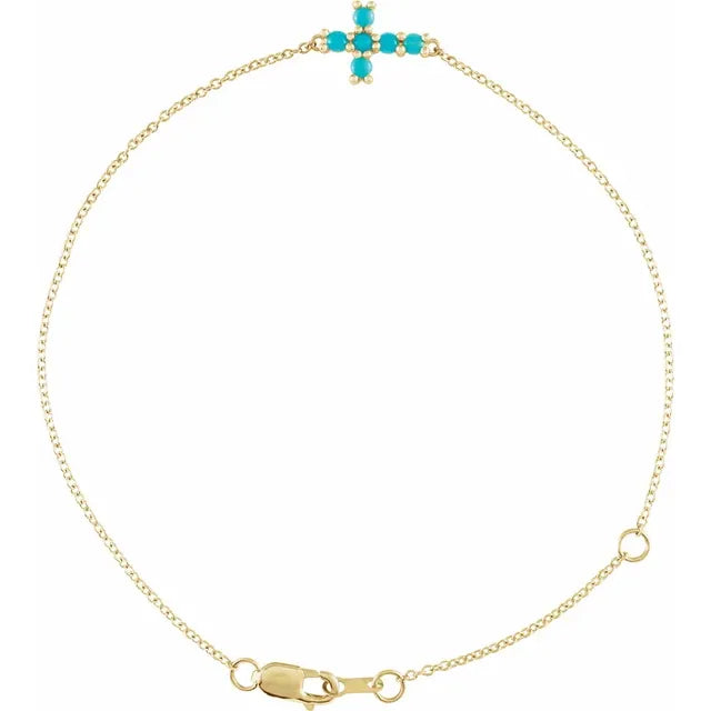 14K Yellow Gold Natural Turquoise Sideways Cross 6 1/2-7 1/2" Bracelet