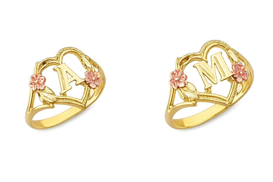 14KY Tri-Color Heart Flower Initial Ring