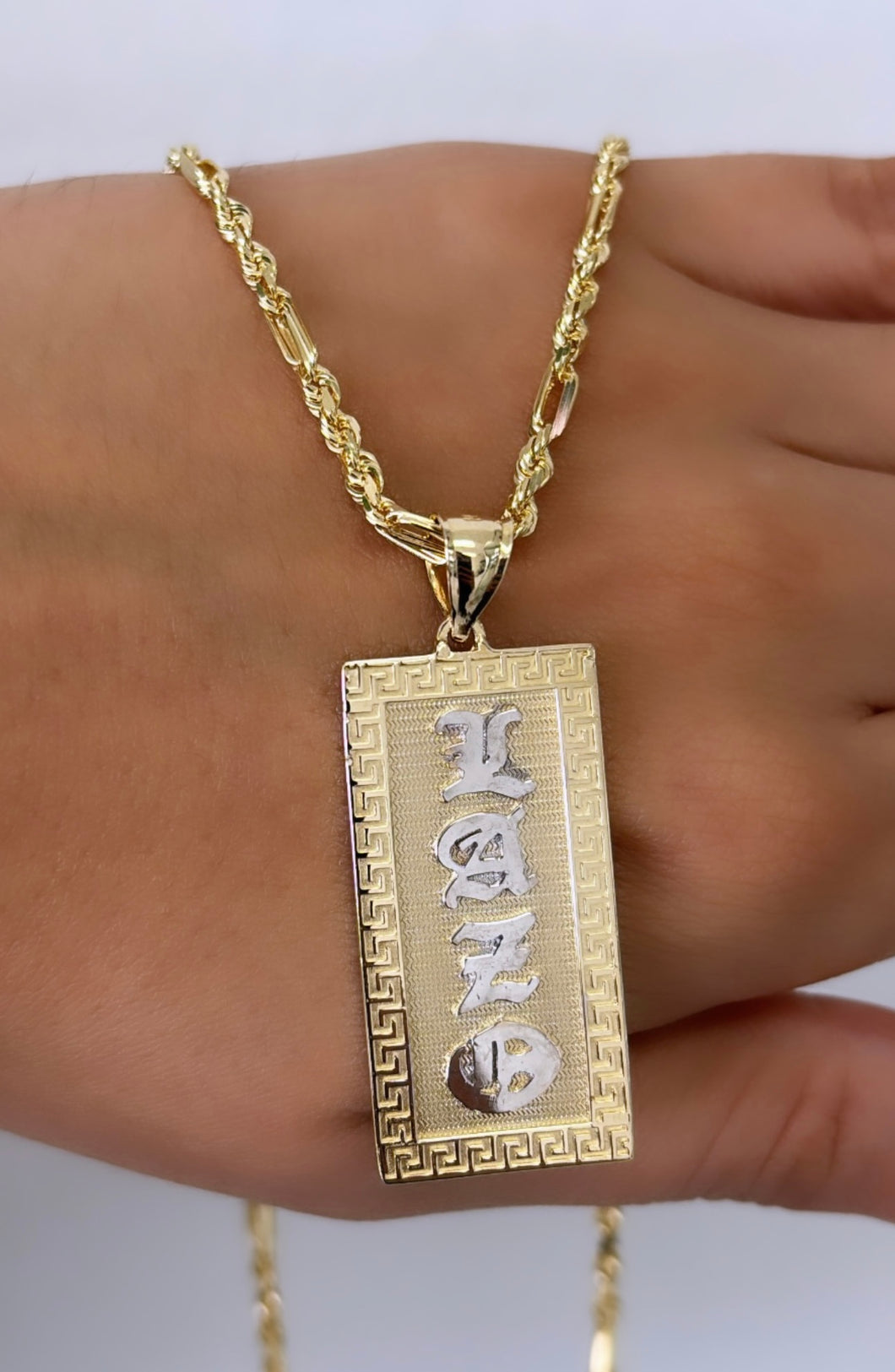 14kt Custom Old English Name Pendant with 14kt Figaro Rope Chain