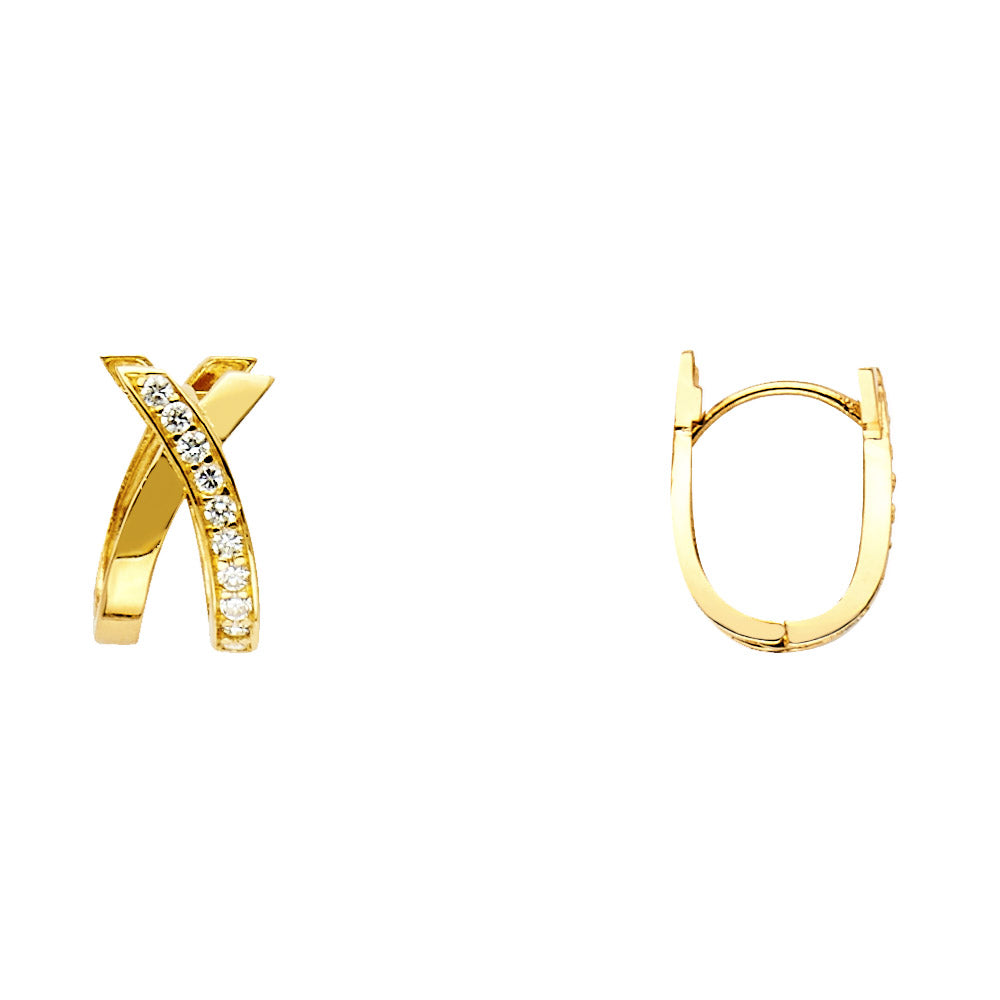 14KY X Design Round CZ U Shape Earrings (8 x 15mm)