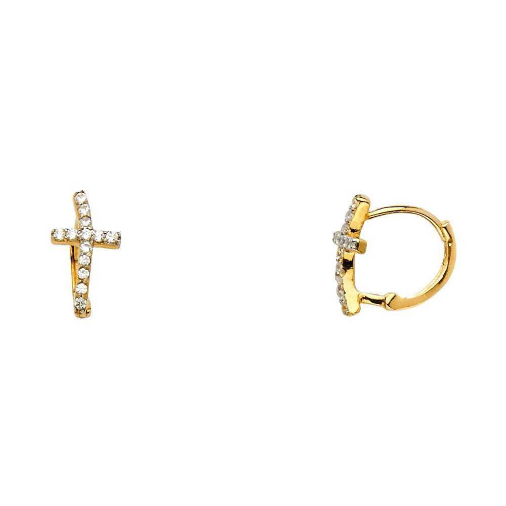14K 2T Curved CZ Cross Huggies Earrings