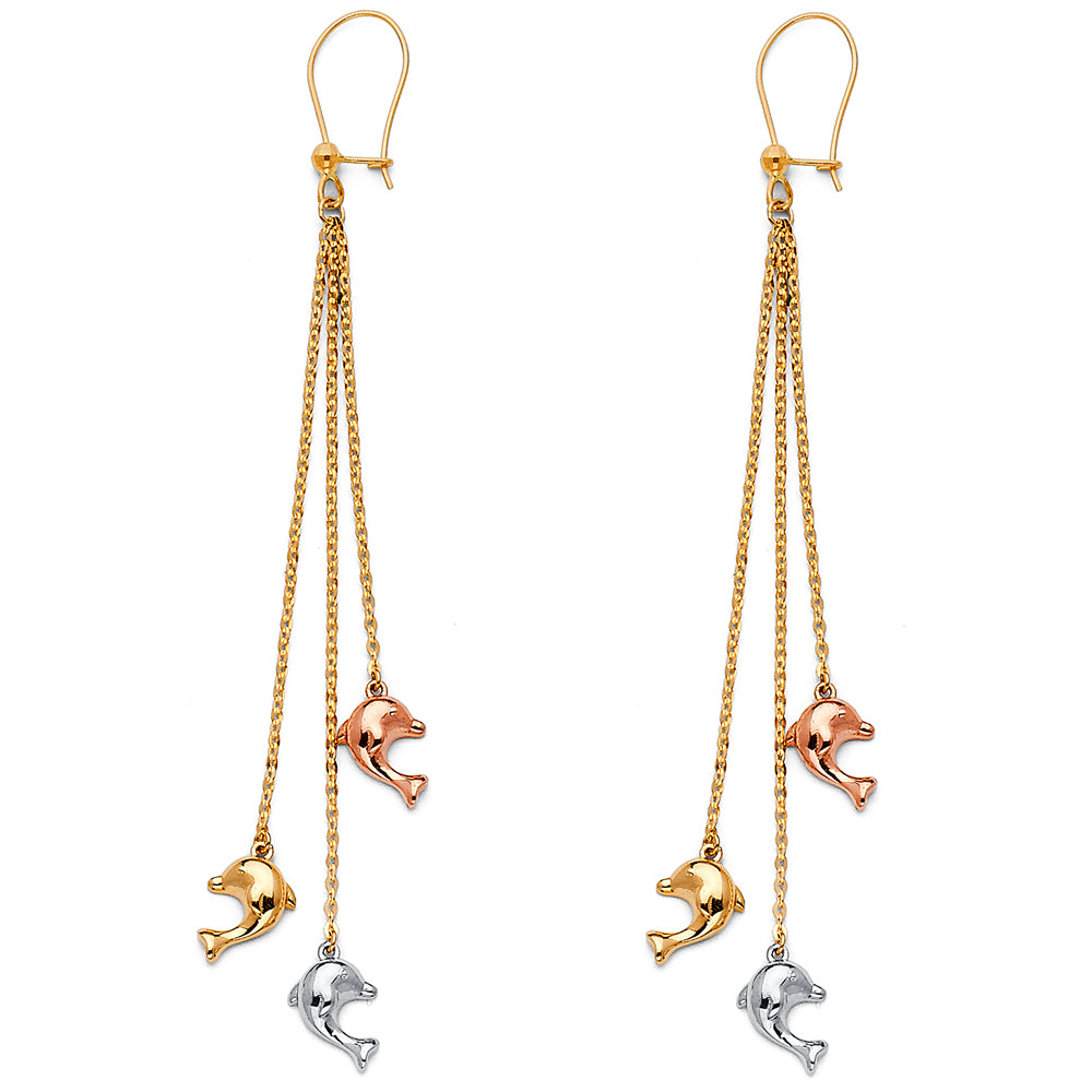 14K 3C Hanging Dolphin Earrings