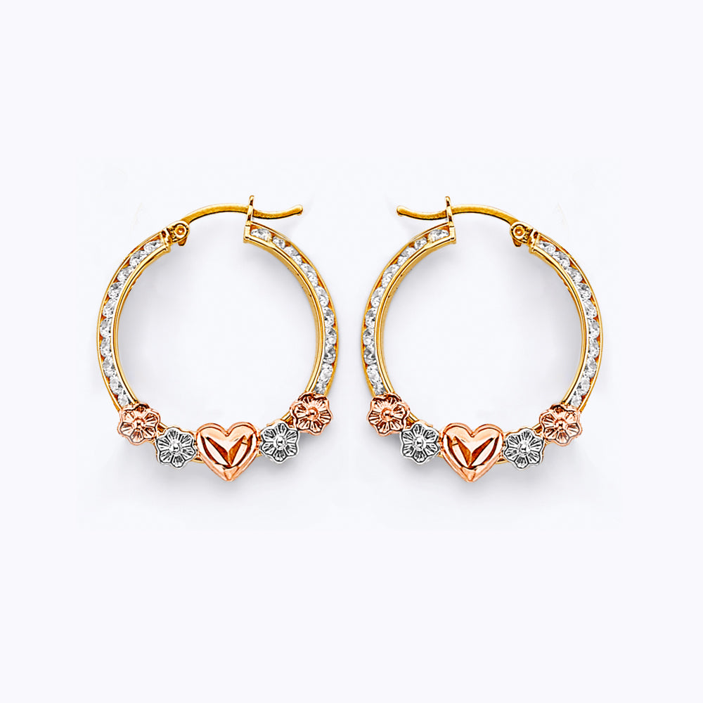 14K 3C CZ Flower & Heart Hoop Earrings