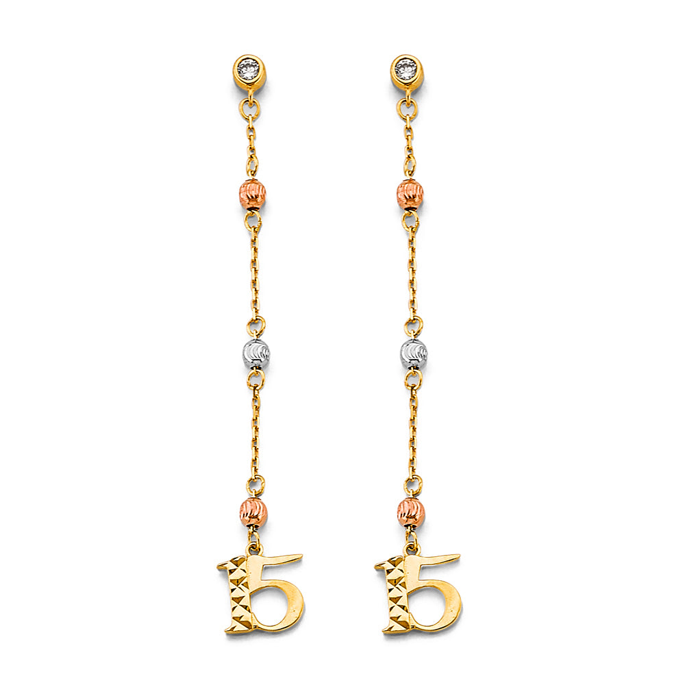 14K 3C Hanging CZ Ball 15 Years Earrings