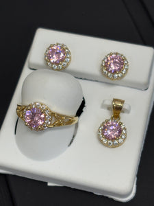 14kt Gold Pink CZ Ring, Pendant & Earring Set