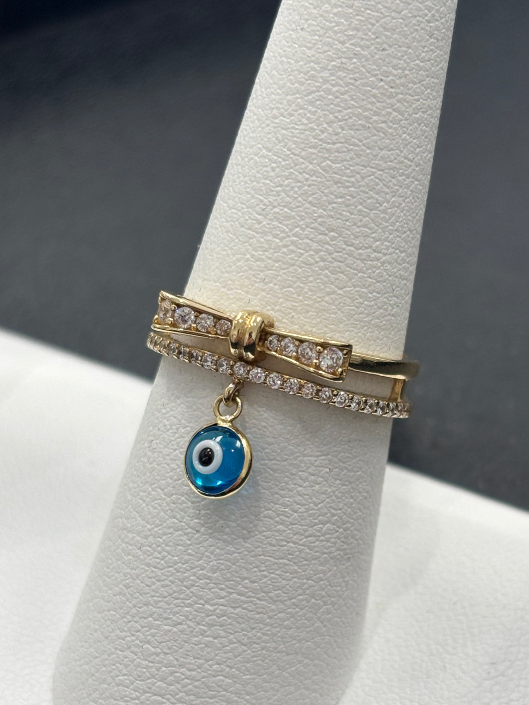 14kt Gold Bow Evil Eye Charm Ladies Ring