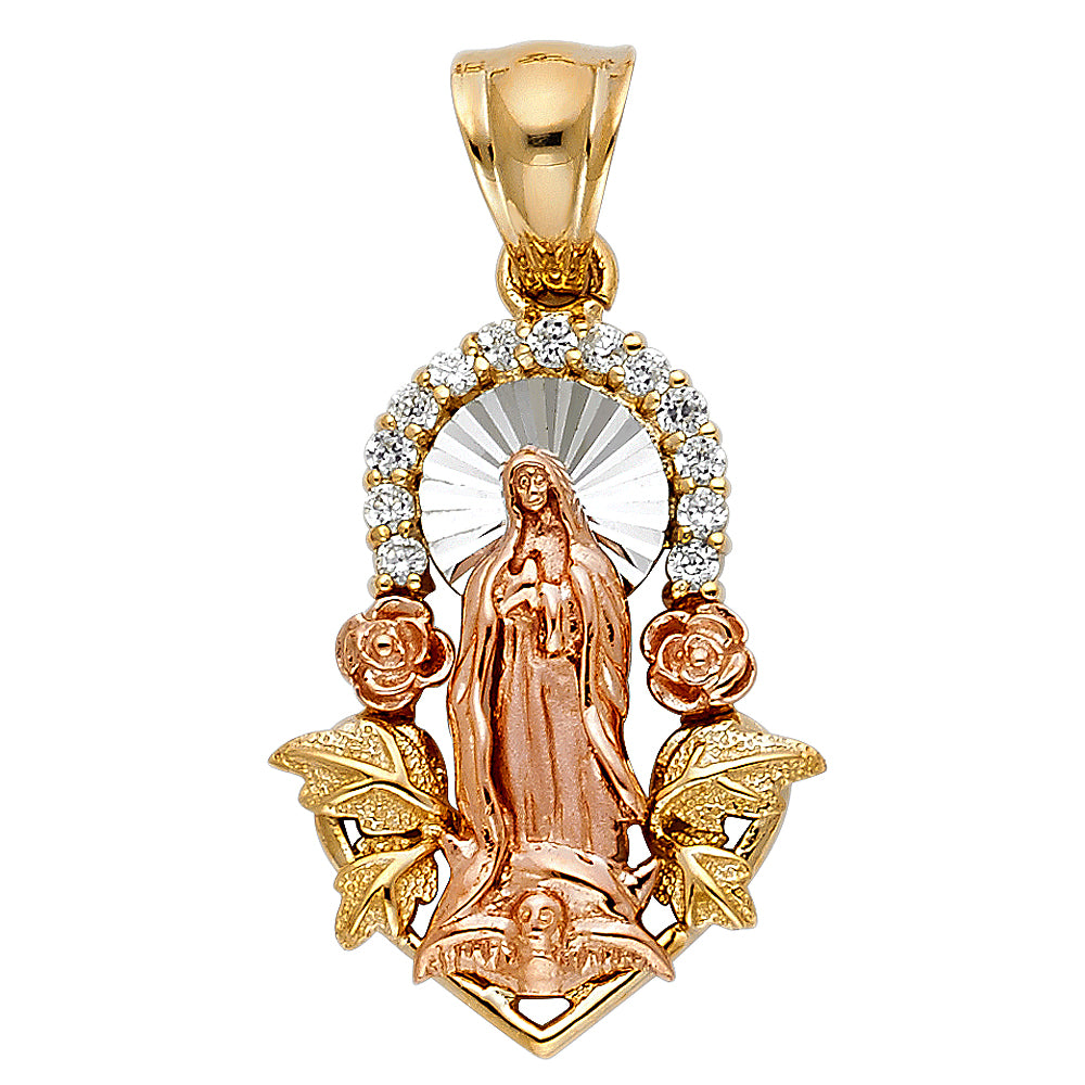 14K 2T CZ Virgen de Guadalupe Pendant