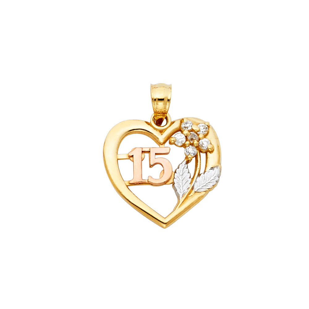 14K 3C CZ 15 Years Heart Pendant