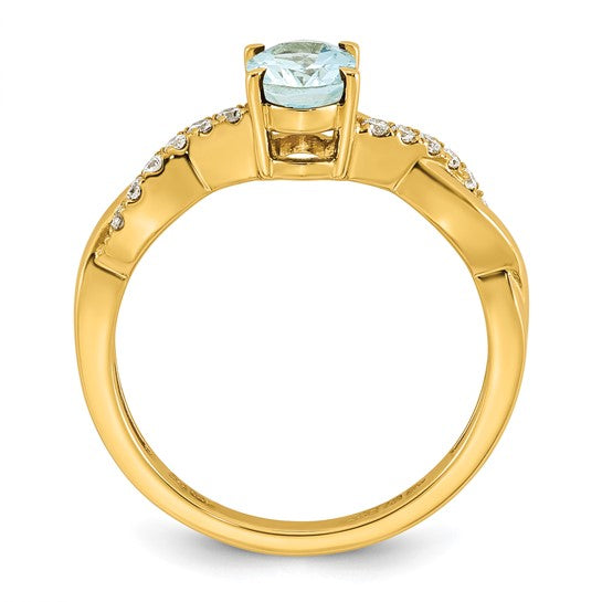 14k Aquamarine and 1/10 carat Lab Grown Diamond VS/SI+ G+ Oval March Birthstone Complete Ring