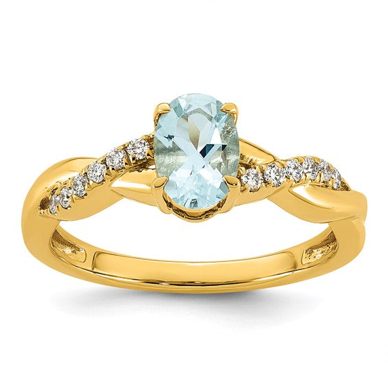 14k Aquamarine and 1/10 carat Lab Grown Diamond VS/SI+ G+ Oval March Birthstone Complete Ring
