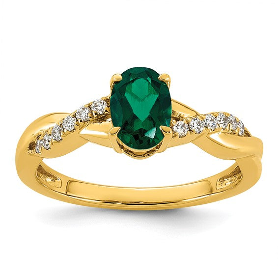 14k Lab Created Emerald and 1/10 carat Lab Grown Diamond VS/SI+ G+ Oval May Birthstone Complete Ring