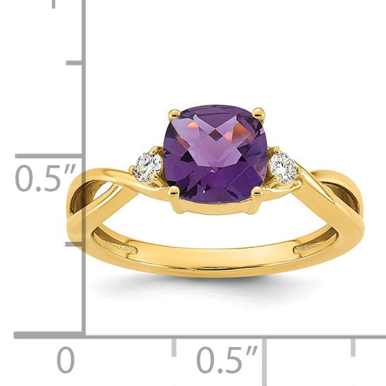 14k Checkerboard Amethyst and 1/10 carat Lab Grown Diamond VS/SI+ G+ February Birthstone Complete Ring