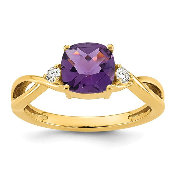 14k Checkerboard Amethyst and 1/10 carat Lab Grown Diamond VS/SI+ G+ February Birthstone Complete Ring