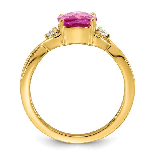 14k Checkerboard Lab Created Pink Sapphire and 1/10 carat Lab Grown Diamond VS/SI+ G+ October Birthstone Complete Ring
